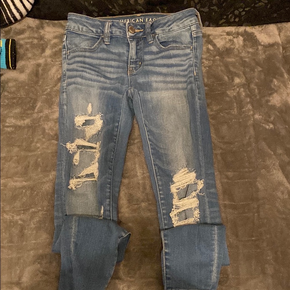 American Eagle Outfitters Blue Skinny Jeans with Distressed Details
